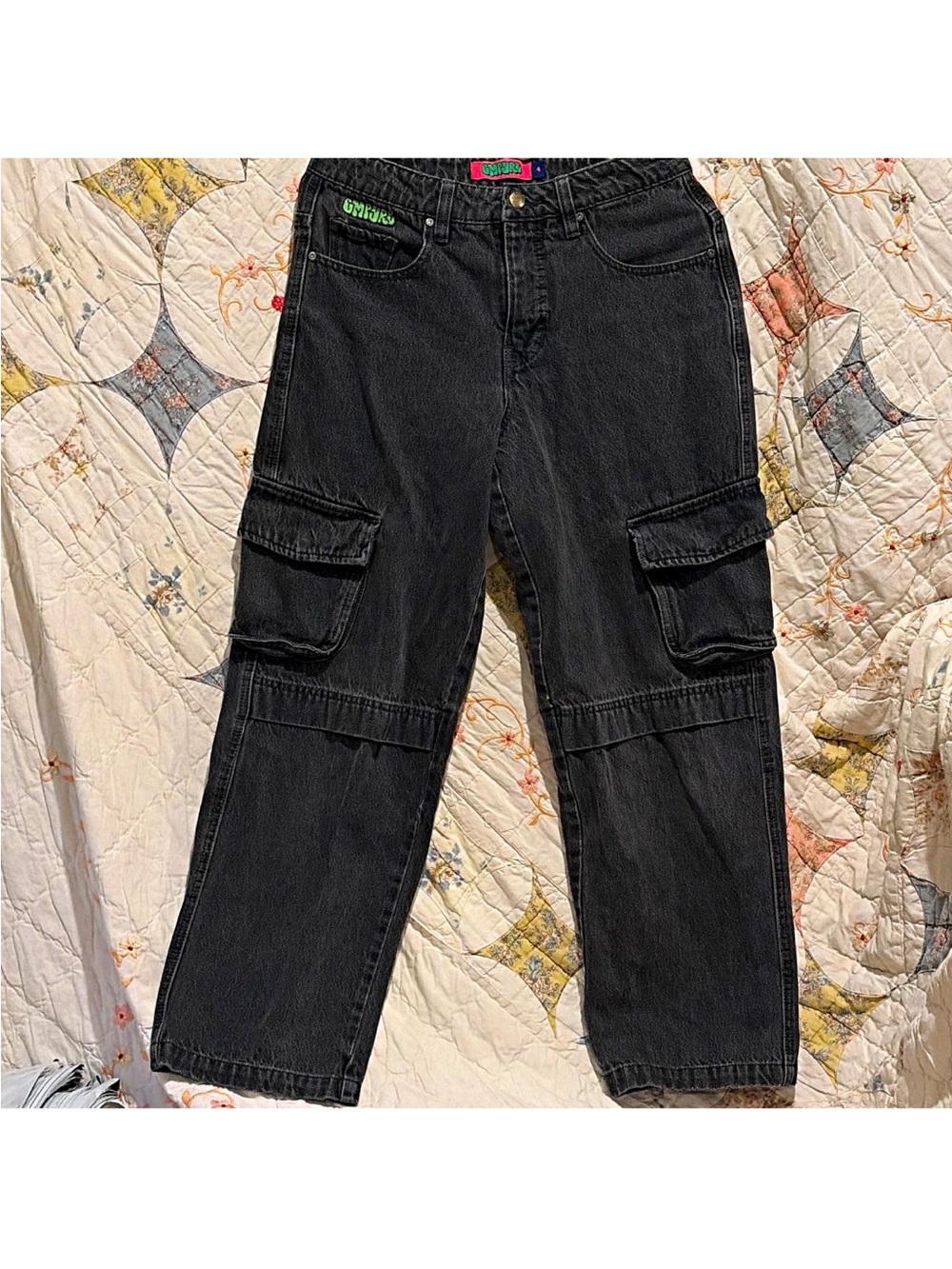 Y2K Empyre Women's Black Denim Cargo Jeans Cargo 5-Pocket Logo Button Zip Size 4